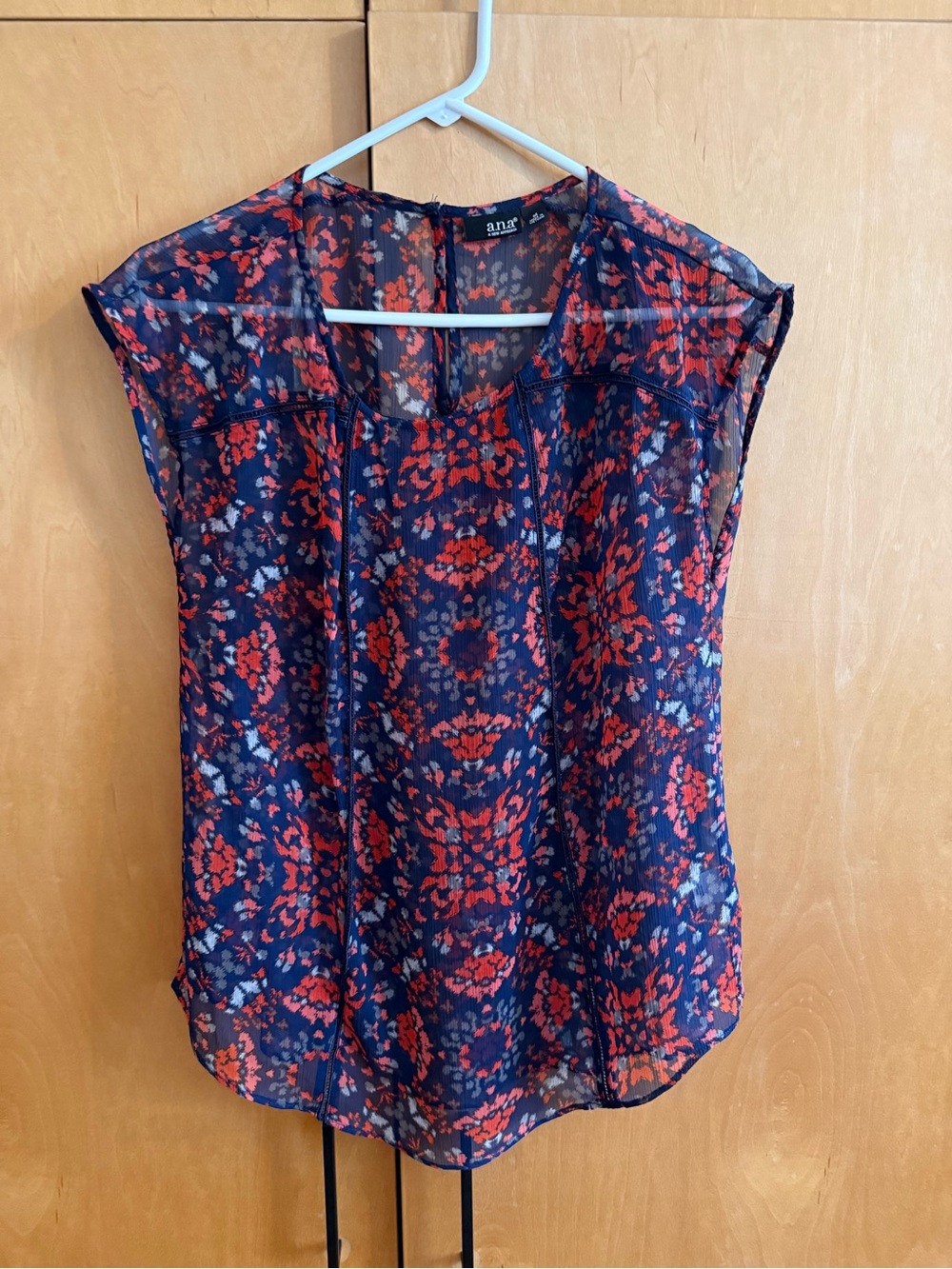a.n.a Navy Sheer Cap-Sleeve Blouse with Red Floral Motif